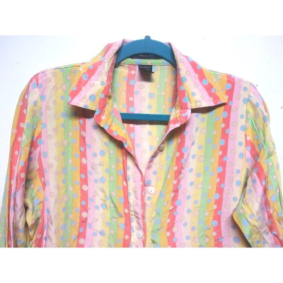 VTG Silk Blouse top Mel & Lisa Sz S Oversized multicolor stripes polka dot Flaw - Picture 4 of 9